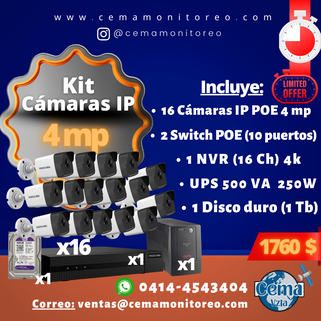 Kit de 16 Cámaras IP POE 4MP